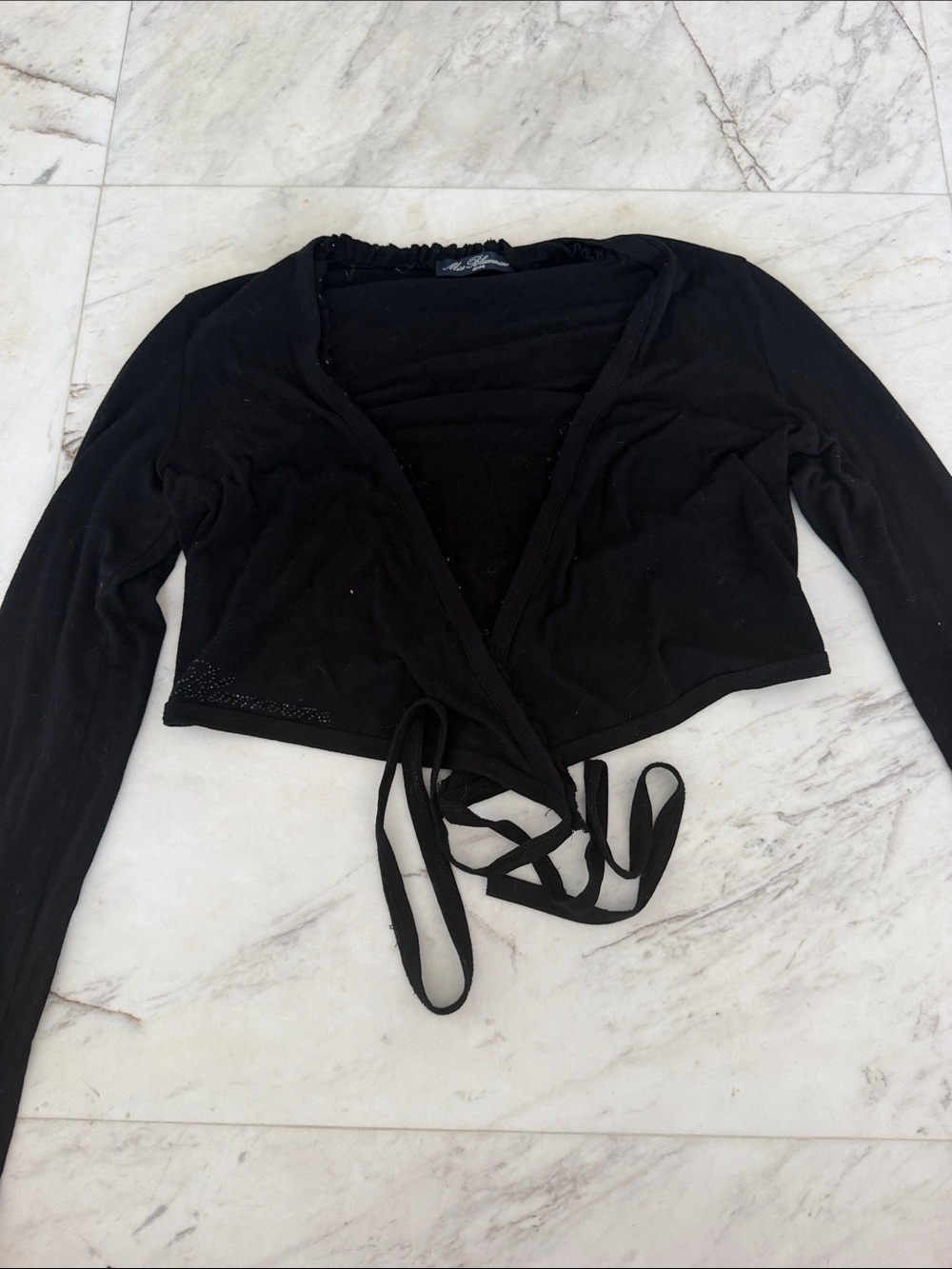 Vintage Miss Blumarine Girls Black Wrap Ballet Cardigan, Rhinestone Logo sz14y